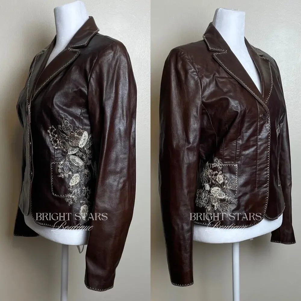Rare Embroidered Leather Blazer Jacket ASO Lorelai Gilmore Phoebe Buffay Friends - Picture 7 of 11